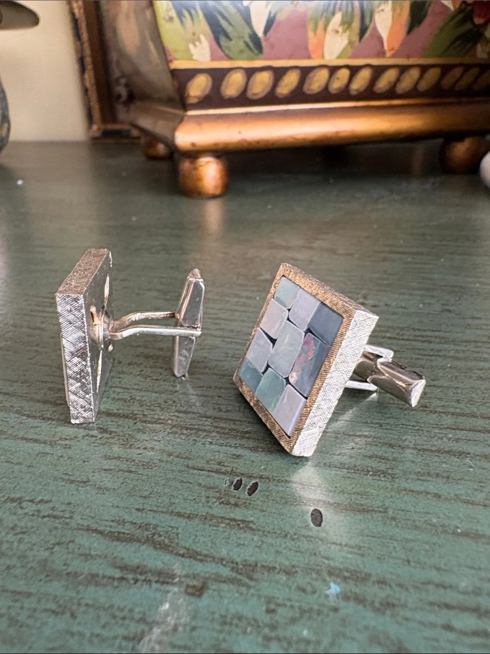 Vintage Sterling Silver Genuine Opal Mosaic Square Cufflinks Estate Jewelry